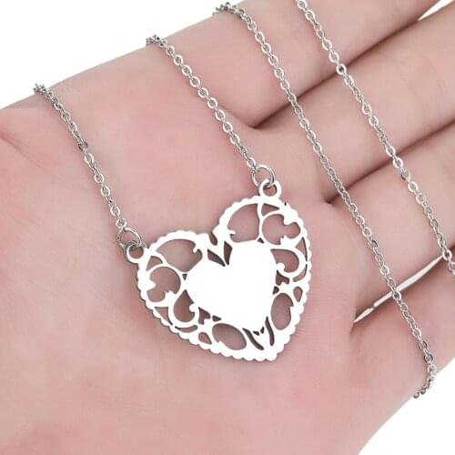 CHENGXU Trendy Love Heart Pendant Necklace for Women Men Stainless Steel Fashion Heart With Lace Charm Jewelry Unique Lucky Gift