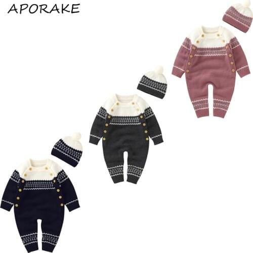 2021 0-18M Winter Fall Infant Baby Girl Boy Knit Romper Stripe Button O Neck Long Sleeve Jumpsuit Sweater+Hat Casual Outfit 2pcs