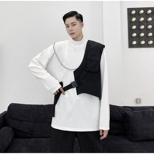 Personalized fashionable mens Vest dark system functional wind strap design sense of work clothes waistcoat hip-hop asymmetric