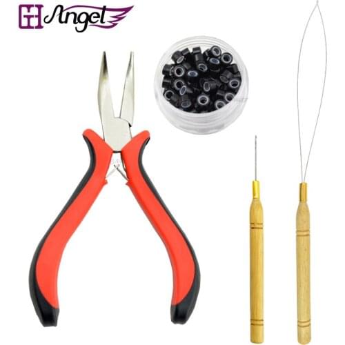 1pc Bend Tip Curly Plier+1pc Pulling Needle+ 1pc Hook needle+100 Micro Rings/Links/Beads Feather Hair Extensions Tools Kits