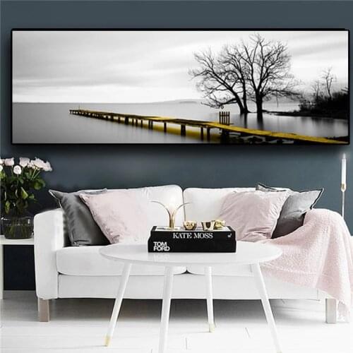 Calm Lake Surface Yellow Long Bridge Scene Canvas Paintings Landscape Cuadros Posters and Prints Wall Art Pictures Home Decor
