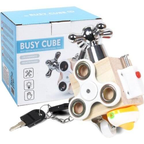 Crafted Wooden Busy Cube Multifunctional Wooden Cube Board with Various Small Household Items for Learning Basic Life Skills