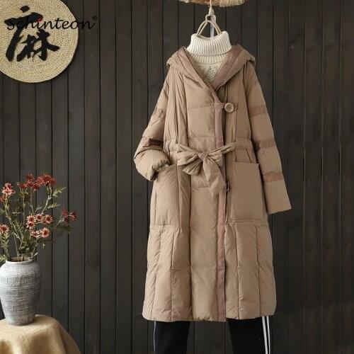 Schinteon Women White Duck Down Long Jacket Thick Warm Winter Outwear Loose Casual Windproof Coat Adjustable Waist Belt New 2021
