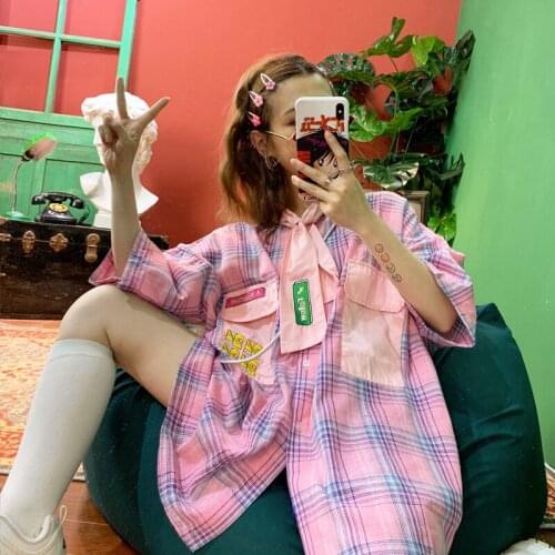 Summer SS Street hip hop Street strange girl lattice bow tie loose BF Short Sleeve Shirts Top Men and women