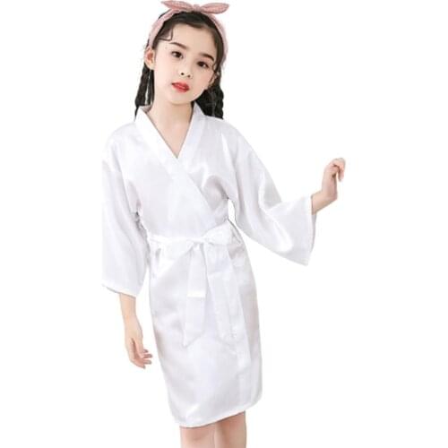 Summer Girls Silk Robe Solid Color Children Pajamas Kids Soft Bathrobe Sleepwear