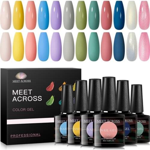 MEET ACROSS 12pcs/Set Color Gel Nail Polish Set 12Colors Semi Permanent UV Led Gel Varnish Soak Off Nail Lacquers Base Top Coat
