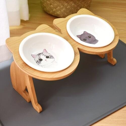 Cute High-end Pet Bowl Cartoon Patterns Bamboo Frame Ceramic Bowl Feeding and Drinking Bowls for Dog Cat Accessory