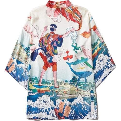 Fashion Hawaii Asian Clothing Yukata Haori Obi Blouse Beach Print Kimono Loose Japanese Style Women Men Cardigan Shirt Summer