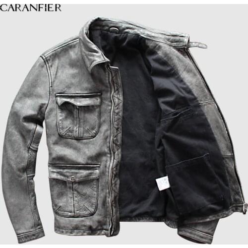 CARANFIER Leather Jacket Brand Old Retro Mens 100% Cowhide Genuine Leather Jacket Motorcycle Leather Jacket DHL Free Shipping