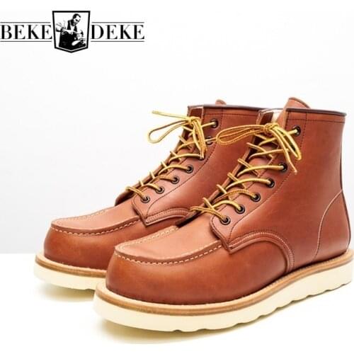 Korean Style Mens Round Toe Lace Up Plus Cashmere Thicken Genuine Leather Boots Vintage Cowhide Winter Outdoor Warm Ankle Boot