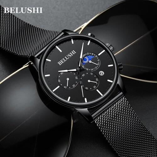 BELUSHI Top Brand Luxury Mens Watches Fashion Sport Quartz Watch Men Casual Steel Mesh Waterproof Chronograph Relogio Masculino