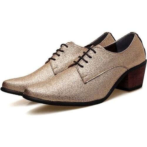 Merkmak Men Oxford Dress Shoes Lace-Up Pointed Toe High Heels Gold Silver Wedding Groom Shoes Bling Glitter Party Fotwear