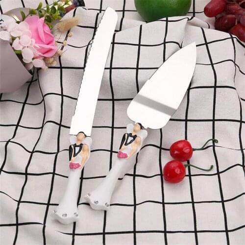 2pcs Wedding Cake Knife and Server Set Stainless steel Cake Bread Scraper Decorating White Long Handle Party Decoration Xmas 10