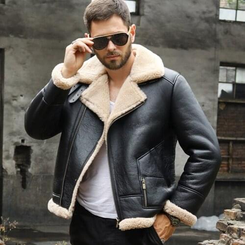 New Shearling Coat Mens B3 Bomber Jacket Black Leather Jacket Fashion Motorcycle Jacket Short Fur Coat