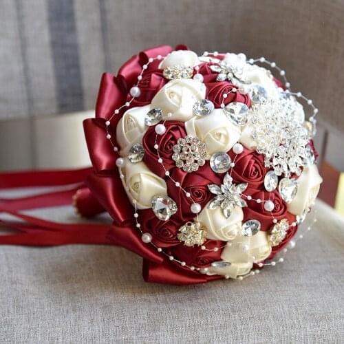 Newest arrived cream+dark red artificial crystal bridemaid wedding bouquets wedding bouquets for wedding decoration