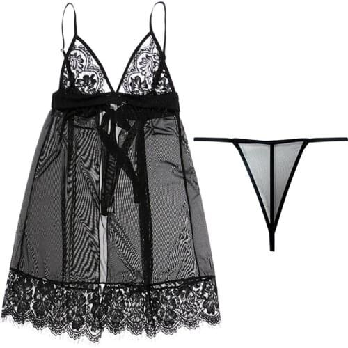 Sexy push up mesh suspender night dress black see-through seduction dress with thong 2pcs