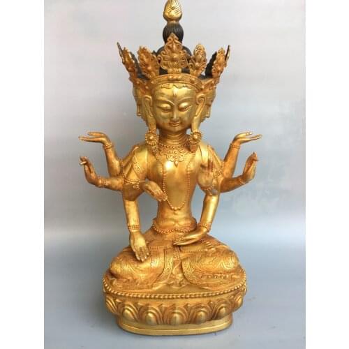 20" Tibet Buddhism Old Bronze Gilt Four heads and eight arms Guanyin Bodhisattva Buddha Domu Yuanjun Avalokitesvara Enshrine