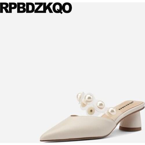 Mules slipper pumps party pointed toe beige ladies korean thick high heels block shoes for women size 33 genuine leather pearl