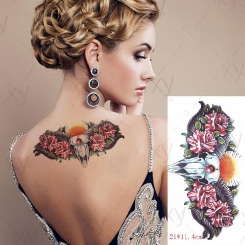 Waterproof Temporary Tattoo Sticker Shofar Skull Rose Flower Sunrise Breast Chest Back Belly Fake Flash Tatto for Women Men
