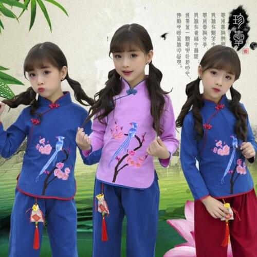 High quality Chinatown Hanfu Kids Girls kung fu Suit Chinese Traditional Costumes New Year Children Clothing set Cotton Retro