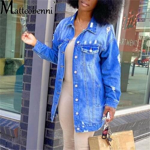 Autumn Winter Women Hole Denim Jacket 2021 Harajuku Boyfriend Wind Jean Jacket Loose Long Sleeve Female Coats Large Size Female