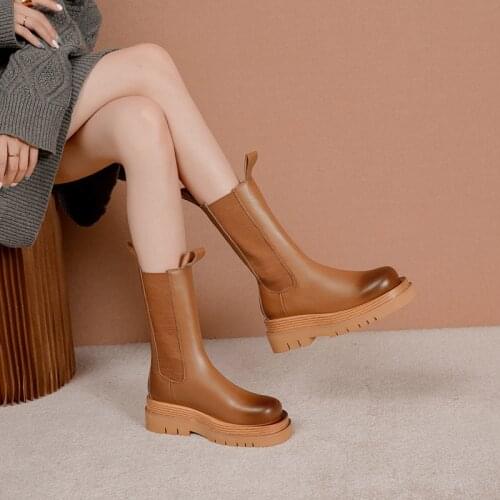 Leather Mid-Calf Boots Autumn Winter Women Square Heels Lady Shoes Soft Leather Chunky Black Brown Round Toe Platform Boot