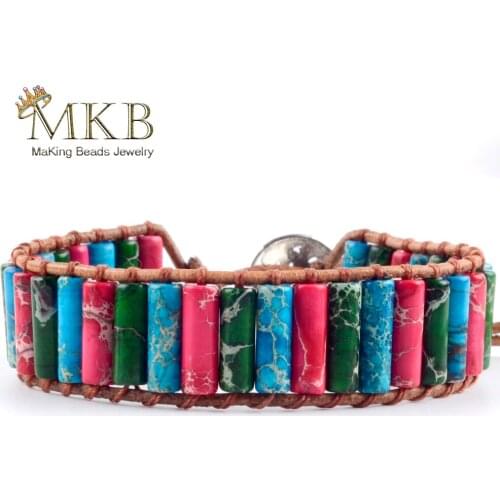 Boho Bracelet Tube Shape Natural Stone Single Leather Wrap Bracelet Semi Precious Stone Women Beaded Cuff Bracelet Dropship