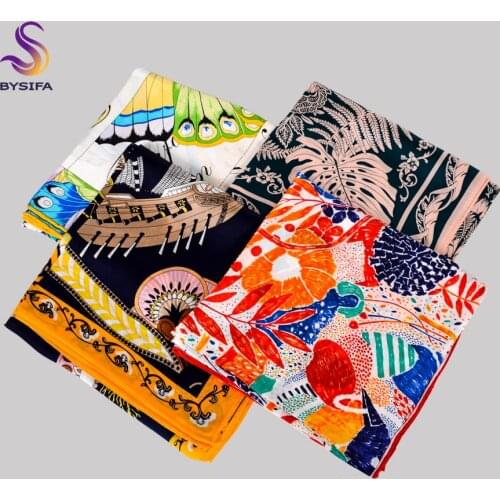 BYSIFA|New Blue Green Womens Pure Silk Scarf Shawl 2020 Fall Winter Fashion Brand 100% Silk Square Scarves Hijabs 90*90cm Scarf