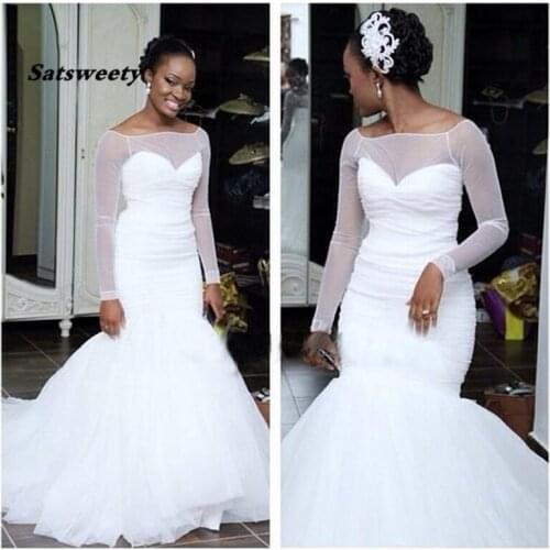 White Mermaid Wedding Dresses 2021 Bridal Gown Sexy African Girl Trumpet Simple Vestidos de Novia gelinlik Marriage Sheer Sleeve