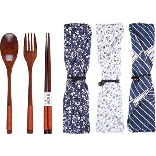 3Pcs/set Natural Wooden Tableware Set Bamboo Fork chopsticks Soup Teaspoon Cutlery Set With Cloth Bag Portable SN1843