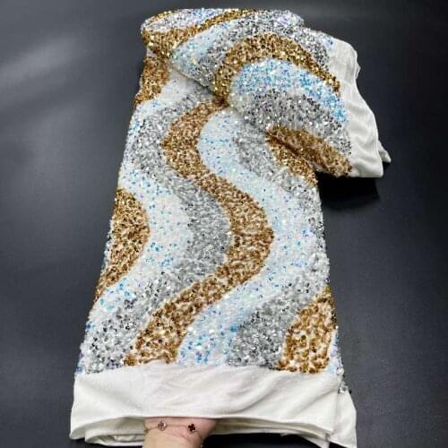 5yards/pc) Soft and smooth African velvet lace fabric with wonderful waves sequins embroidery for party dress WJY014