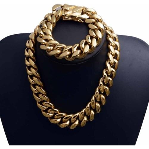22mm Stainless Steel Miami Curb Cuban Chain Necklace Boys Men gold color Hip hop Dragon Lock Clasp top jewelry 18 K bracelet