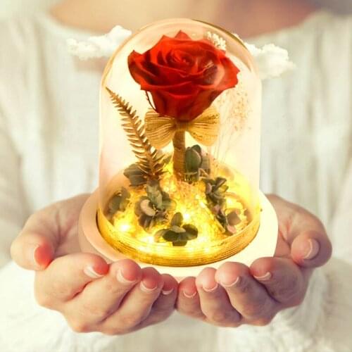 Red Eternal Rose In Glass Dome LED Light Artificial Flowers Plants Night Lights Table Lamp Mothers Day Gifts for Wedding Party