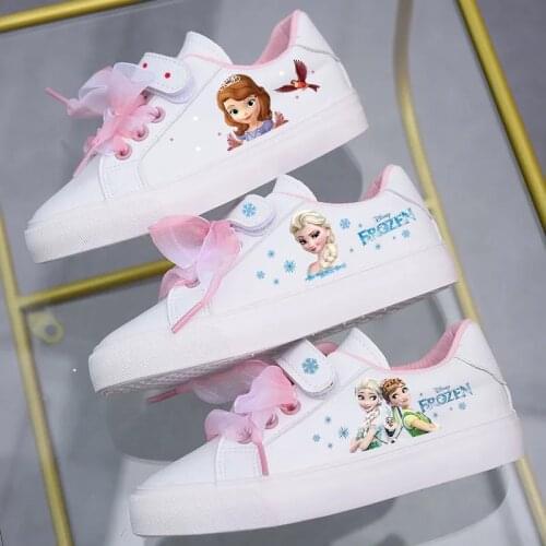 Disney girls cute princess frozen white Bow school shoes soft bottom sports shoes for girl gift