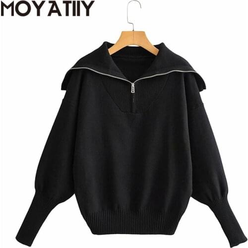 MOYATIIY Fashion Women Sweaters Autumn Winter Warm Highstreet Sport Style Pullovers with Large Turn Collar Loose Female Top Zip