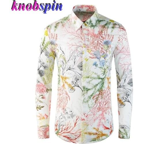 Seaweed Pattern Digital Printing Style 100% Cotton Men shirt long sleeve collar Casual chemise homme Brand Male Dress Shirts