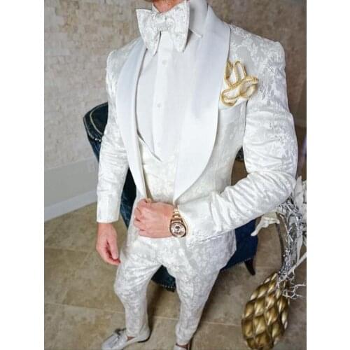 Custom Made Men Suits White Pattern Groom Tuxedos Shawl Lapel Groomsmen 3 Pieces Wedding ( Jacket + Pants + Vest + Tie ) D296