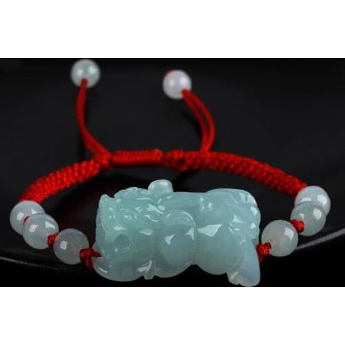 Natural Class a Burmese Jadeite Red String Braided Bracelet Womens Jadeite Pixiu Lucky Bracelet Fashion Jade Jewelry Wholesale