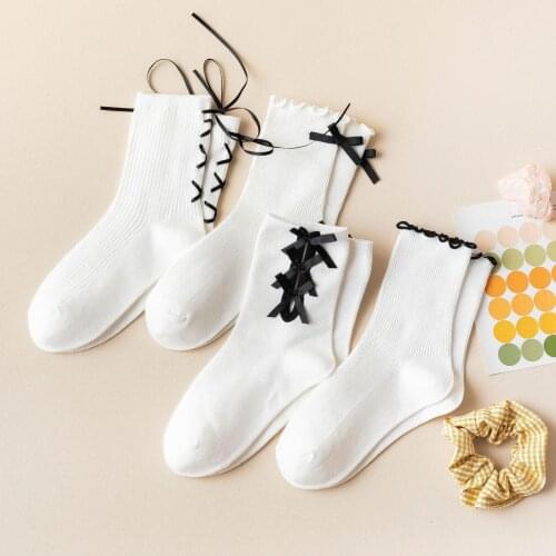 Lolita socks female Korean style college wind tube socks princess style Japanese COS cute ruffled bow ribbon socks female cotton