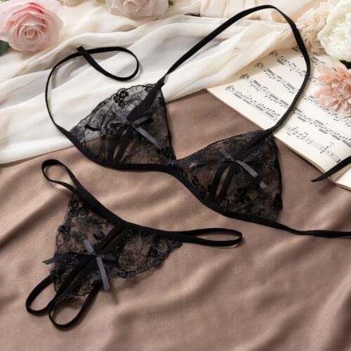 New Transparent Embroider Women Sexy Lingerie Bras Set Female Lace Floral Hollow Out Underwear Open Bra +Thong Exotic Sets Hot