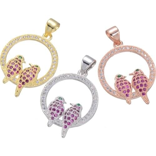New Design CZ crystal hollow circle with double bird charms,/gold/rose gold color fashion women necklaces pendants