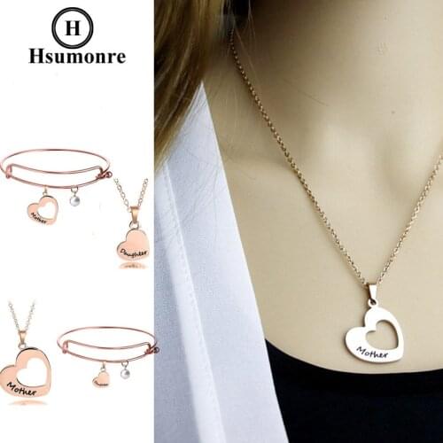 Mother Daughter Necklace Bangle Set Engraved Matching Heart Pendant Family Love Jewelry Gift Stainless Steel Rose Gold Color