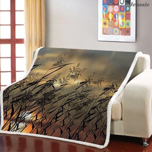 Landscape Dogs Tail Grass Printing Plush Throw Blanket Painted Reed Sherpa Fleece Blanket For Sofa Plane Square Bedspread