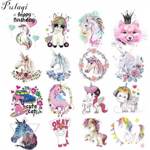 Pulaqi Cute Unicorn Patches Heat Thermal Transfer For T-Shirts Iron On Transfers Patch Fabric Appliques For Clothing Stickers F