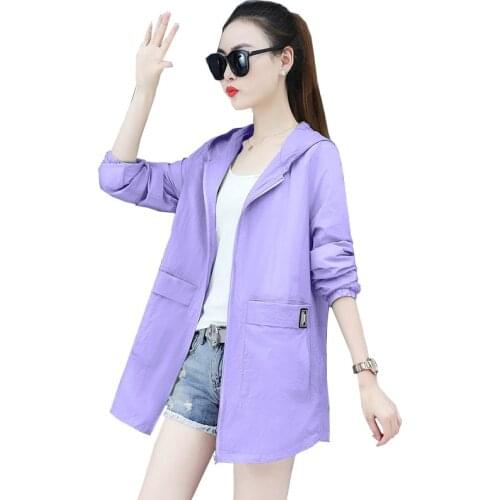 Plus Size Sun protection Clothing Women Summer Hooded Solid Color Wild thin Coat Ladies Tops Outerwear Long sleeve Plus Size