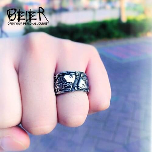 Retro Embossed Fish Stainless steel casting process Ring Fashion Men Women Personality Animal Jewelry BR8-257 US Size