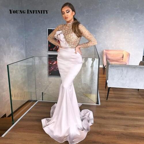 Luxury Beading Long Sleeves Mermaid Evening Dress 2020 Special Design Pink Prom Dress Satin High Neck Formal Gown Custom Made
