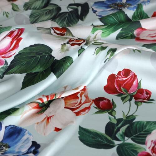 Blue big peony flowers printed polyester soft hang satin fabric for dress Patchwork sewing cloth imitate silk tissus au metre