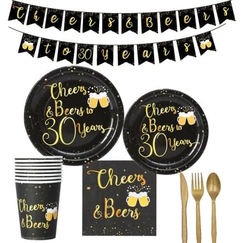 Happy Birthday number party Tableware 30 40 50 60 70 80 90 year old Black Gold Cheers Beers Paper Plate cup napkin party decor