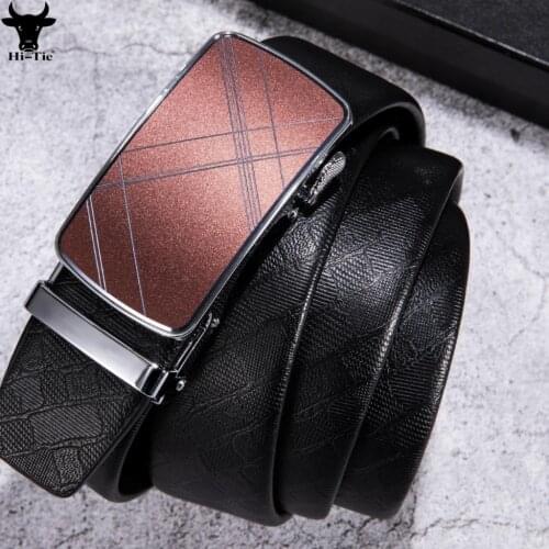 Top Quality Formal Black Genuine Leather Mens Belts Red Check Automatic Buckles Ratchet Waistband Strap for Men Jeans Dress Gift